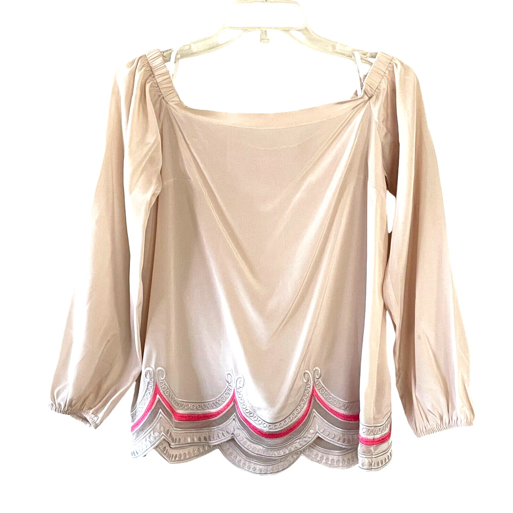 LILLY PULITZER Adira Women's Size XS Oyster Shell Pink Off-The-Shoulder Silk Top - Picture 2 of 8